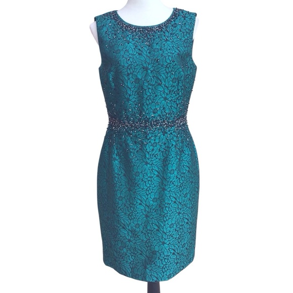 Katherine Kelly Green Black Floral Beaded Nanette Sheath Dress Size 8 - Picture 1 of 11